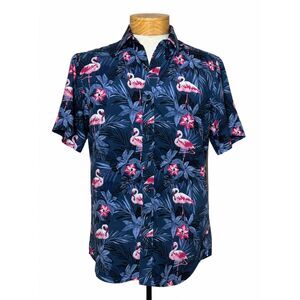 Flamingo Hawaiian Button Up Short Sleeve Camp Shirt Navy Blue SM Aloha Envmenst